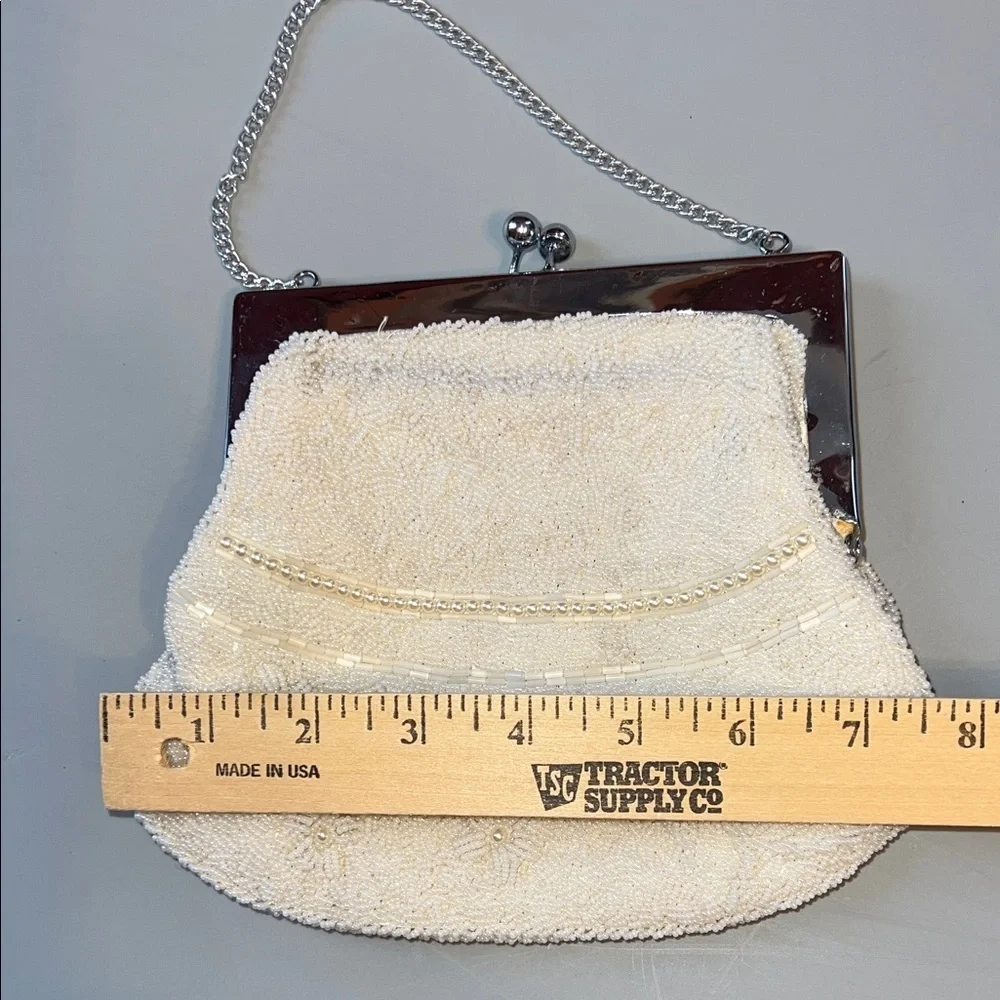 Vintage Bridal Chic Cream Beaded Clutch with Silver Accents Seed Pearls